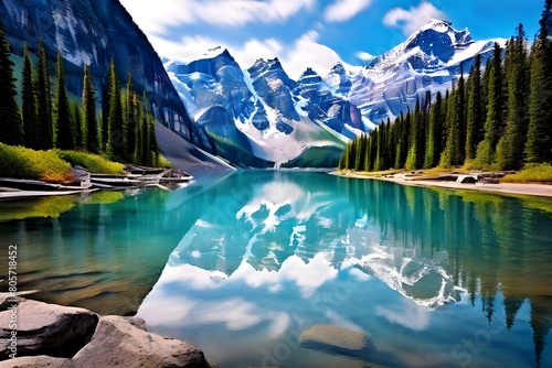 Banff National Park beautiful landscape. Moraine Lake in summer time. Alberta, Canada. Canadian Rockies nature scenery.