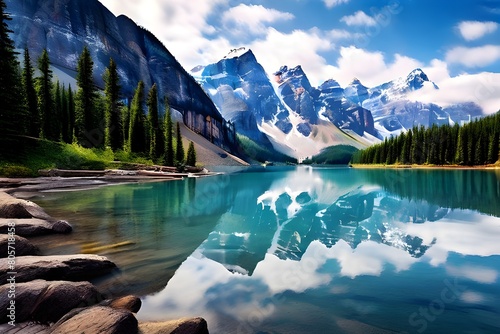 Banff National Park beautiful landscape. Moraine Lake in summer time. Alberta, Canada. Canadian Rockies nature scenery.