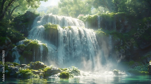 Tranquil Waterfall, Water cascades down moss-covered rocks, creating a serene and captivating scene