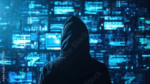 Silhouette of hooded computer hacker on background of multiple displays and digital information. Data thief, internet fraud, darknet and cyber security concept photo