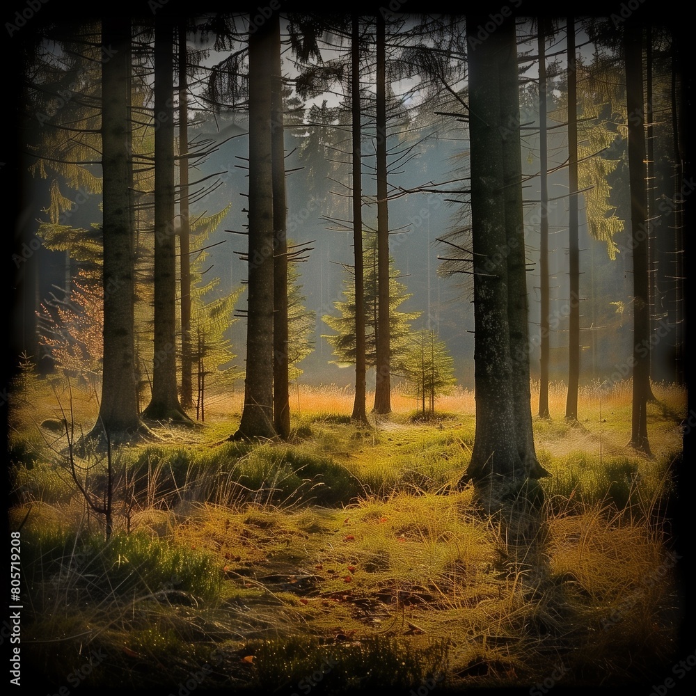 Obraz premium Enchanted Forest Scene with Sunrays Peeking Through Trees