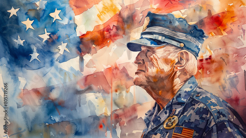 Veteran Soldier with Medals Over Watercolor American Flag