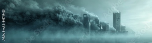 A city is shown in a foggy, smoggy atmosphere photo