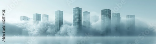 A city skyline is shown with a foggy atmosphere