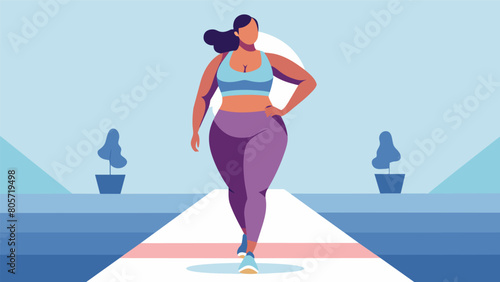 A model struts down the runway in a stylish and supportive sports bra and leggings combo inspiring women of all sizes to embrace their bodies and stay. Vector illustration