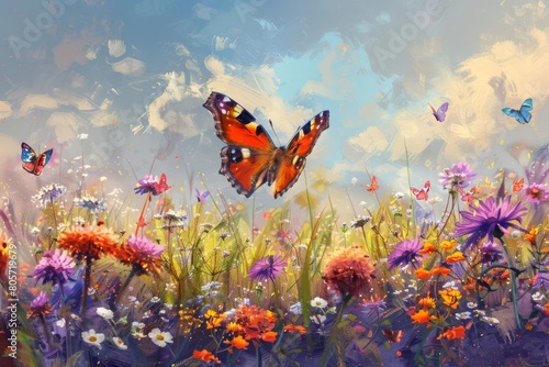 vibrant butterfly soaring over blooming wildflower meadow digital painting