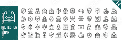 Set of 52 outline icons related to protection. Linear icon collection. Vector illustration
