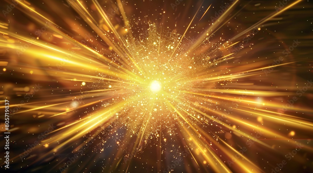 A yellow light burst on black background, like the sun or star shining in space, radiating beams of golden glow with sparkles and streaks of energy