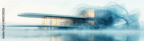 A futuristic building with a lot of glass windows is reflected in the water