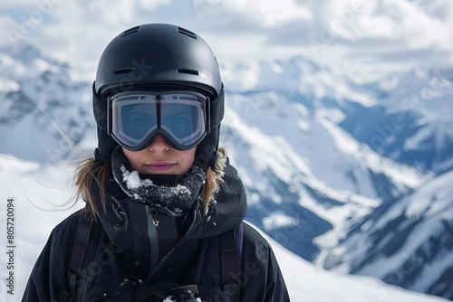 woman in snowboard helmet and goggles enjoying winter mountain adventure extreme sports portrait