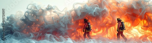 Two firefighters are walking through a fire photo