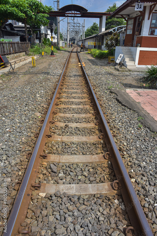 Railway center perspective view with train station background Railway center perspective view with train station background