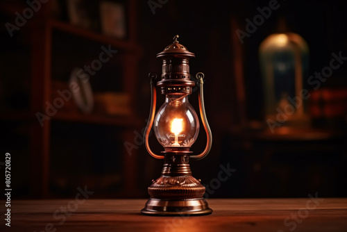 A warm glow emanates from a vintage on a table set with an old a glass lamp
