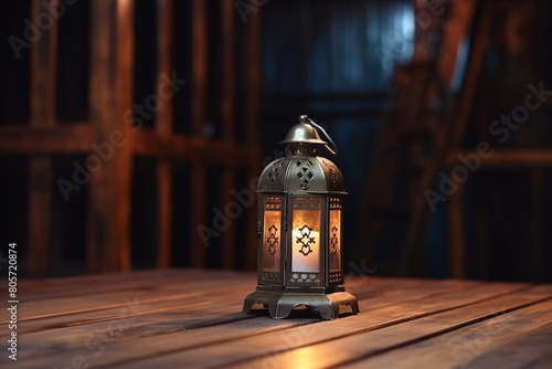 An antique metal lantern with glass panels rests on a rustic wooden surface
