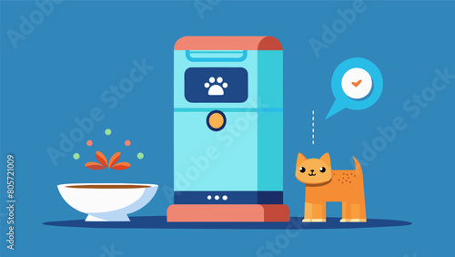 A smart feeder that dispenses food according to your pets feeding schedule ensuring they are always wellfed and satisfied.. Vector illustration