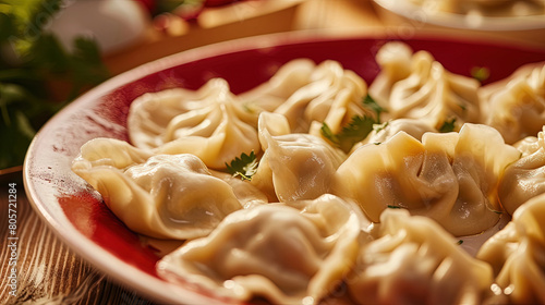 A Plate of Dumplings Close-Up Placed On The Table Chinese New Year Scene With Background Blur