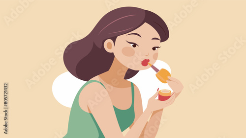 A young girl using a brush to lightly apply a homemade lip balm made with coconut oil and beeswax leaving her lips soft and smooth..
