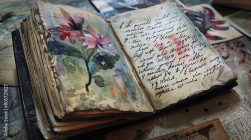 A journal open to a page filled with a handwritten letter to oneself adorned with sketches and watercolor washes serving as a theutic outlet for inner reflection.
