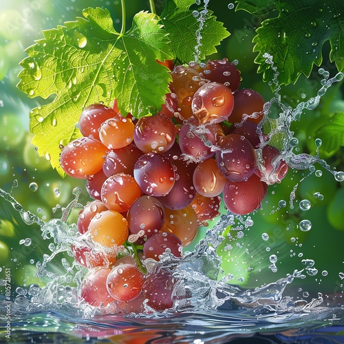 A bunch of ripe grapes with water droplets on it. The grapes are in focus and the background is blurred. The image is taken from a low angle.