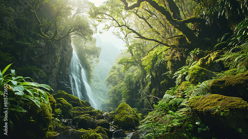 Waterfall In The Middle Of A Tropical Rain Forest Landscape Background