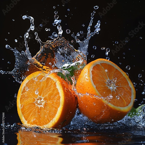 A refreshing and juicy orange, cut in half, with a splash of water.