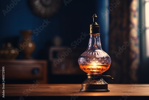 Vintage still life with a crystal glass of amber beverage and a lit candle on a table