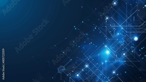 Abstract background with blue lines and dots representing data flow, dark blue background with white elements symbolizing technology or digital marketing