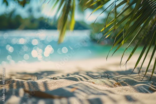 Sand with blurred Palm and tropical beach bokeh background  Summer vacation and travel concept. Copy space - generative ai