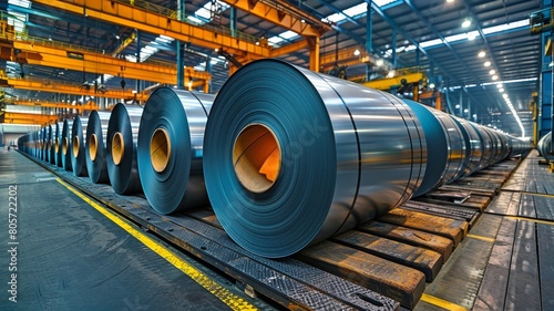 Rolls of galvanized steel sheet stored at a warehouse or factory.