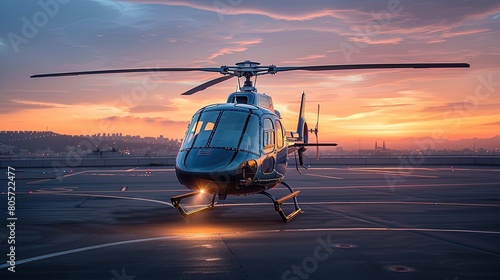 A business helicopter with a polished appearance and streamlined design. Luxurious aesthetic backdrop. Generative AI