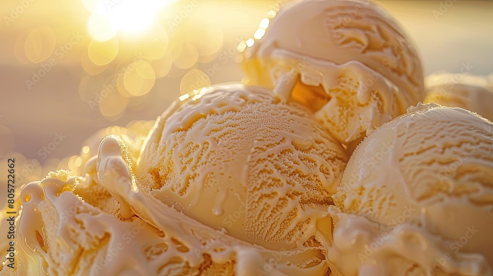Close-up image of creamy ice cream slowly melting in the soft pastel light of the sun. Generative AI Close-up image of creamy ice cream slowly melting in the soft pastel light of the sun. Generative AI