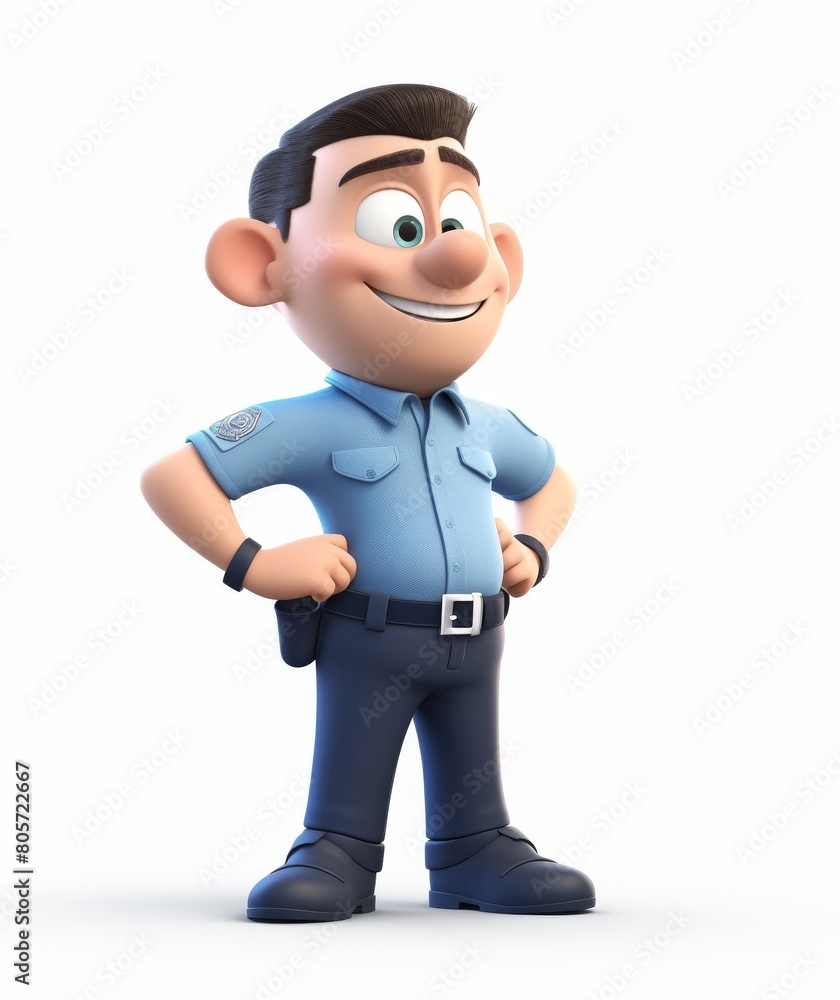 Confident Cartoon Police Officer Standing with Hands on Hips on White Background Confident Cartoon Police Officer Standing with Hands on Hips on White Background