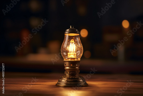 An antique lantern with chipped glass sits on a wooden table, casting a warm light photo