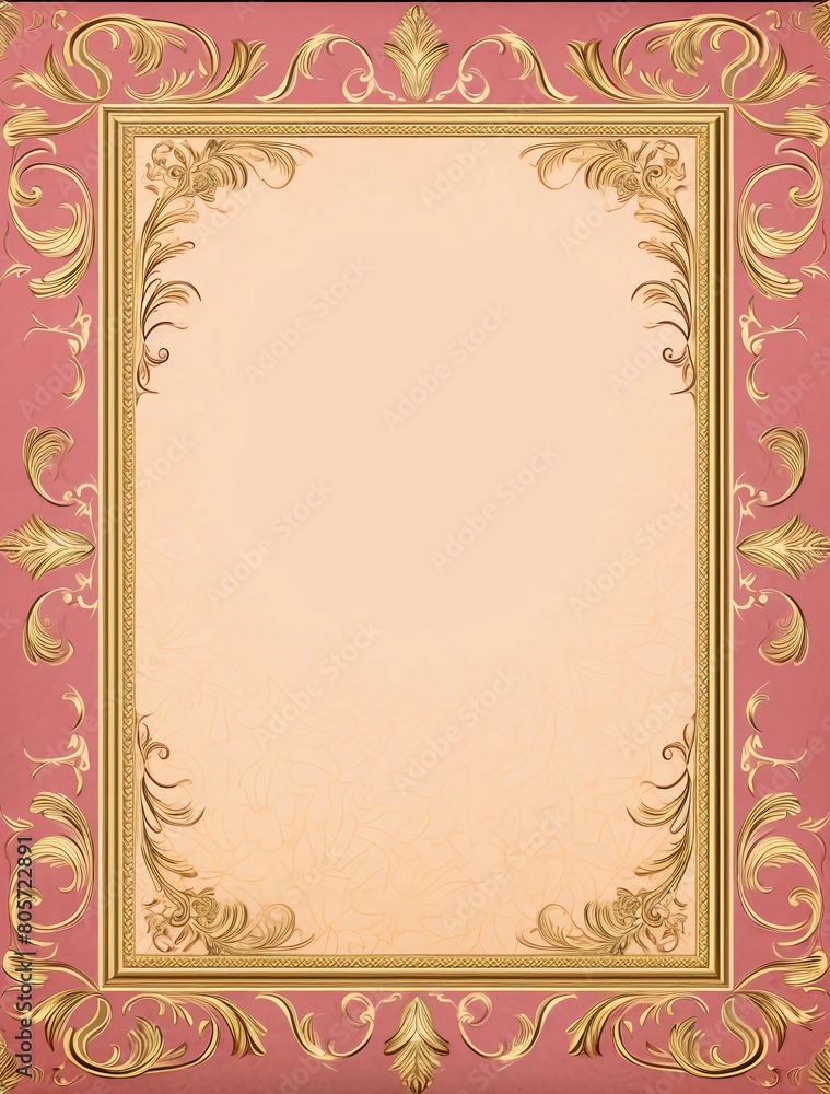 An elegant pink and gold framed background with golden decoration in the style of a vector illustration