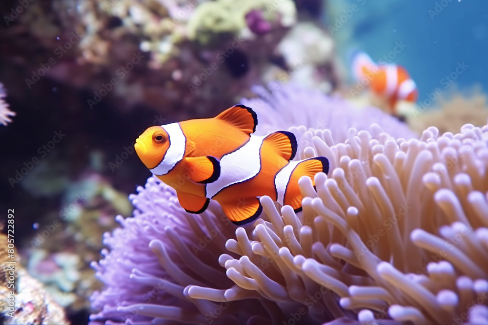 Vibrant clownfish nestled in a sea anemone amongst a colorful coral reef Vibrant clownfish nestled in a sea anemone amongst a colorful coral reef