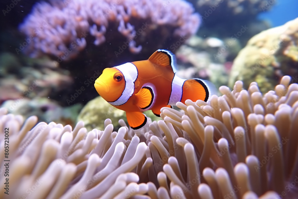 A colorful clownfish darts through a vibrant sea anemone.Tropical fish, including anemonefish, explore a vibrant coral reef
A colorful clownfish darts through a vibrant sea anemone.Tropical fish, including anemonefish, explore a vibrant coral reef