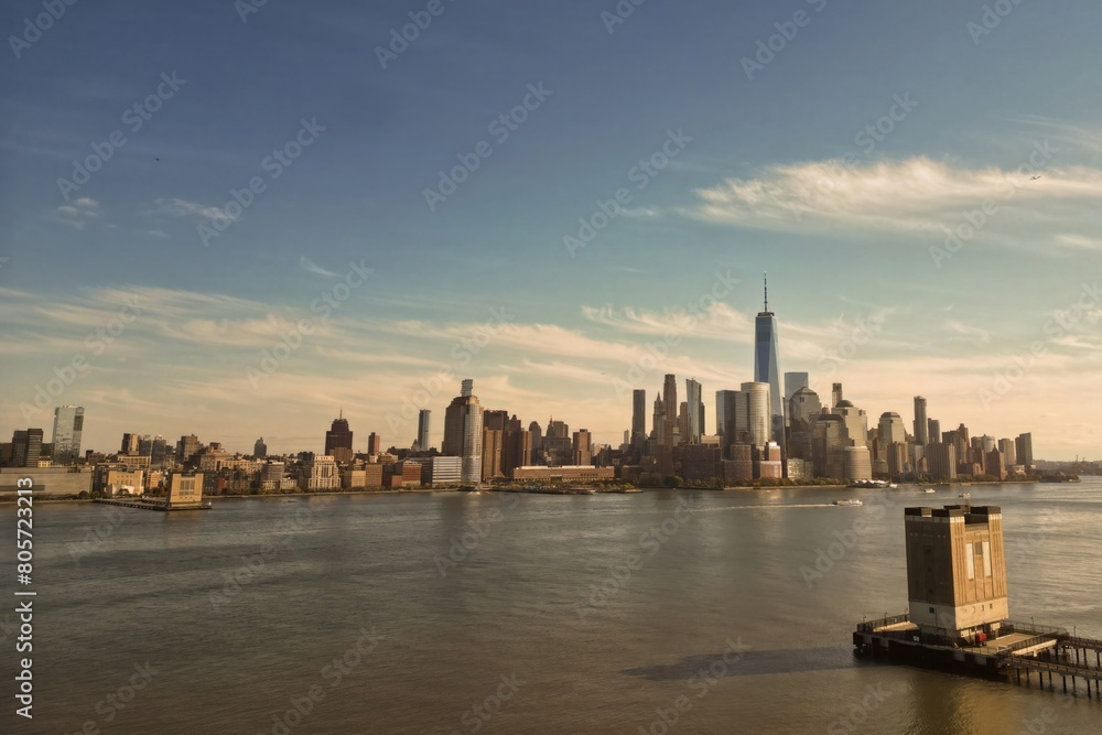 Naklejka premium NYC skyline from Jersey over the Hudson River with the skyscrapers. Manhattan, Midtown, NYC, USA. Business district NYC skyline with buildings, NYC towers. Aerail view of New York skyline.