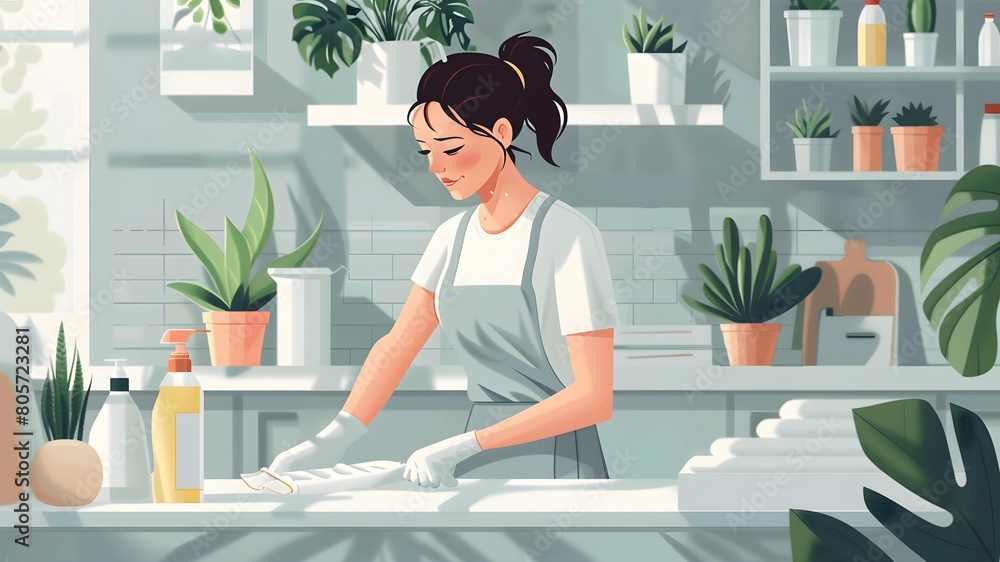 Professional happy housewife working in yellow apron in kitchen illustration Professional happy housewife working in yellow apron in kitchen illustration