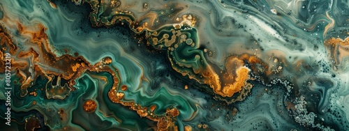 top down close up of stunning abstract marble pattern, earthy green and burnt orange colors, hyper realistic photography. © SH Design
