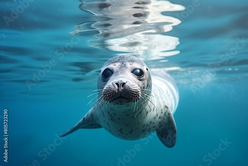A wet, whiskered seal swims playfully in the ocean photo