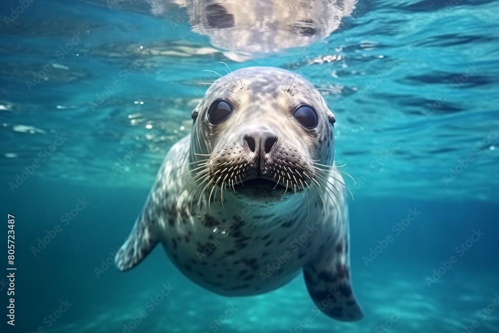 Obraz premium A sleek seal with wet fur cuts through the ocean water Playful sea lions swim and splash in the wild ocean