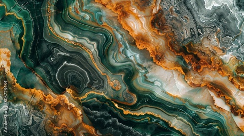 top down close up of stunning abstract marble pattern, earthy green and burnt orange colors, hyper realistic photography.