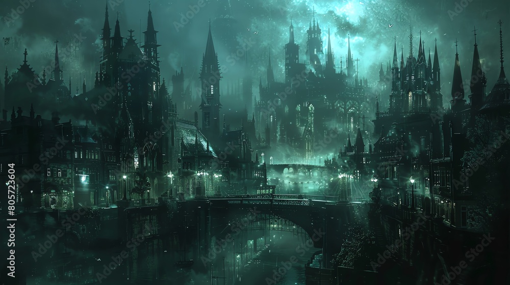 Capture a panoramic view of a gothic noir cityscape at dusk, featuring towering spires, intricate gargoyles, flickering gaslights, and mysterious alleyways, using dark and brooding hues in an oil pain