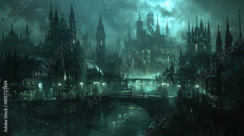 Capture a panoramic view of a gothic noir cityscape at dusk, featuring towering spires, intricate gargoyles, flickering gaslights, and mysterious alleyways, using dark and brooding hues in an oil pain © Nawarit