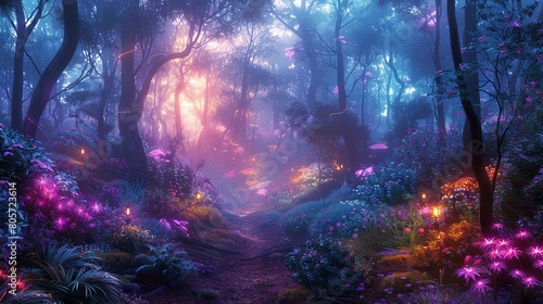 Capture a panoramic view of a mystical forest at dusk, alive with vibrant bioluminescent flora in a digital rendering technique that evokes a sense of awe and wonder