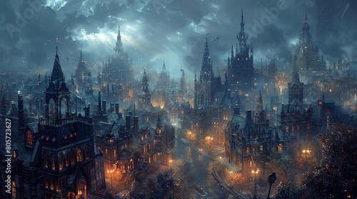Capture a panoramic view of a gothic noir cityscape at dusk, featuring towering spires, intricate gargoyles, flickering gaslights, and mysterious alleyways, using dark and brooding hues in an oil pain