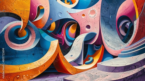 Capture a surrealist scene with a tilted angle view, showcasing objects morphing into unexpected shapes through a warped perspective, in vivid, dreamlike colors using acrylic paint