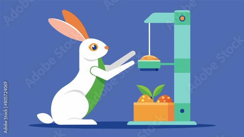 A rabbit stretches up to reach the food dispensed by its automated feeder providing both a nutritious meal and enriching activity.. Vector illustration