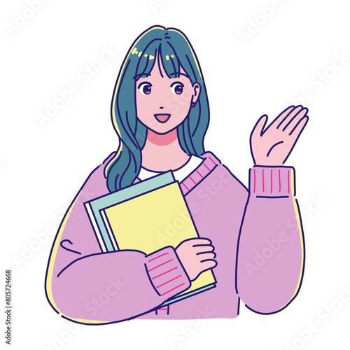 本を持つアニメ風の女子学生