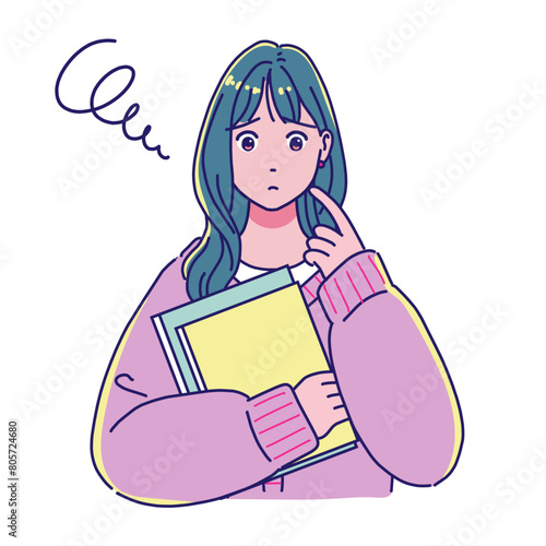 本を持つアニメ風の女子学生